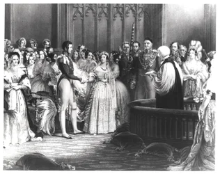 Viktória királynő (1819-1901) és Albert herceg (1819-61) házassága a Szent Jakab-palotában 1840. február 10-én, vésette Charles Eden Wagstaff, 1840