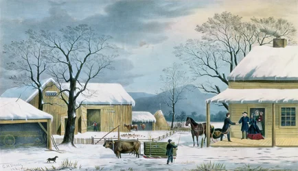 Hálaadás otthona, J. Schulfer metszete, kocsma. Currier és Ives, 1867