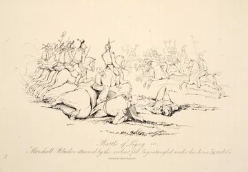 Ligny-i csata: Marshall Blucher, akit megdöbbentett az erőszakos esés, belegabalyodva feküdt a lova alatt, J. Booth kocsma, 1816