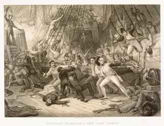 Horatio Nelson felszáll a San Josef hajóra a Cape St Vincent-i csatában, 1797. február 14-én, John Crew metszett az eredeti után a Greenwich Hospital Collection-ben