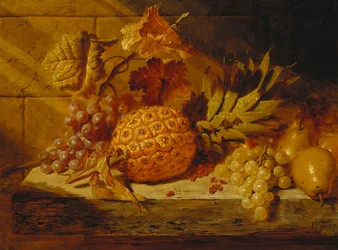 Fekete-fehér szőlő, körte, ribizli és ananász a párkányon, 1845