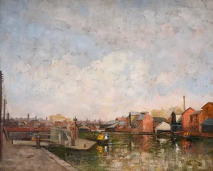 Egy birminghami csatorna zsilip, 1920-30. Kilátás a Cambrian Wharfra Ladywoodban.