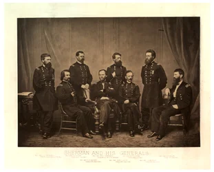 Sherman és tábornokai [Blair egy másik negatívról a nyomtatás előtt hozzáadta], 1865 (szépia fotó)
