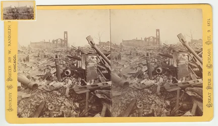 A Field & Leiter Mammoth Store romjainak sztereográfja az 1871-es, 1871-es chicagói tűzvész után (bw fotó a kártyatartón)