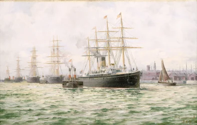 A White Star Line gőzhajója, az "Adriatic" elhagyja Liverpoolt, 19. század vége (olajfestmény)