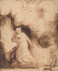 Egy anya gyermekével a karjaiban a lángokban álló város bástyáin repül (Lady Hamilton mint "Andromache" menekül Trója égése elől; A tűz).