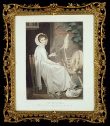 Die Spinnerin (Stich von Thomas Cheesman, nach G. Romney, herausgegeben von John und Josiah Boydell 1789)