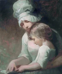 "Egy anya és gyermeke olvas" (Mrs Cumberland és fia) George Romney (1734-1802) festménye - Olaj, vászon Mérete 63,5x53,7 cm Magángyűjtemény