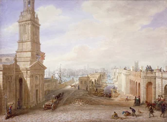 Régi és új London Bridges délre néz, London, 1831.