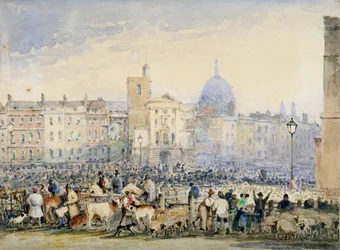 Kilátás a Smithfield piacra figurákkal és állatokkal, London City, 1824.