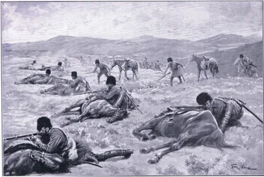 Egy kozák és lova: egy eszköz a fedezék biztosítására egy összecsapás során, illusztráció a Cassells History of the Russo-Japanese War 1. kötetből, 1900 körül