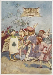 A Cheshire-i macska Alice-t és a játékkártya hóhért nézi, másokkal
