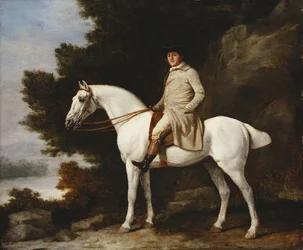 Egy úriember szürke lovon egy sziklás erdős tájon, 1781