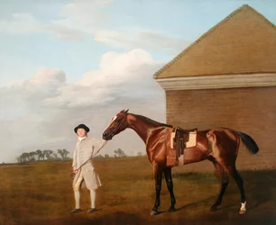Firetail a kiképzőjével a Newmarket Heath-i Rubbing-down House mellett, 1773
