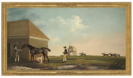 Gimcrack a Newmarket Heath-en egy edzővel, egy zsokéval és egy istállófiúval