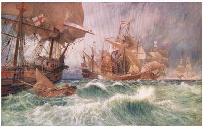 A behódolási felszólítás: egy incidens a nagy Armada 1588-as támadásában, a Cassells History of the British People című könyvből, amelyet a Waverley Book Company adott ki, 1950 körül.