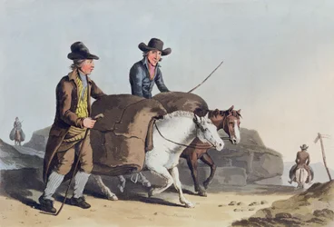 Ruhagyártók ruhát visznek a piacra, Robert Havell (1769-1832) által metszett „Yorkshire jelmeze” 1814.