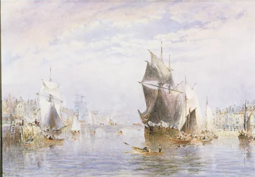 Kishajó a folyón Whitbynél, a Whitby Bridge mellett, 1877 (wc és karcolás)