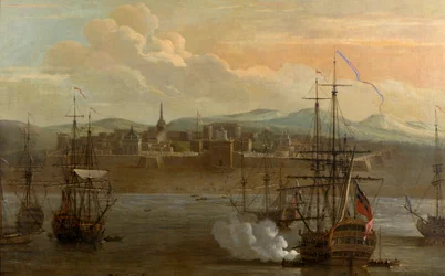 Egy festmény a Szent György-erődről Madrasban, Indiában. 1731-ben. Katonai erőd és kikötő hajókkal. A hajó ágyúja elsül. Füst. Csata.