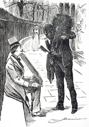Rajzfilm, amely egy kéményseprőt ábrázol, aki keféit hordja London utcáin. Illusztrálta: George du Maurier (1834-1896) francia-brit karikaturista és író