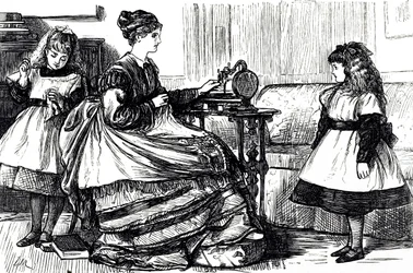 Egy varrógépet használó fiatal anyát ábrázoló rajzfilm. Illusztrálta: George du Maurier (1834-1896) francia-brit karikaturista és író