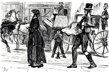 Karikatúra, amely a szövetkezeti üzletek kezdeti napjait mutatja be. Illusztrálta: George du Maurier (1834-1896) francia-brit karikaturista és író