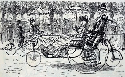 Egy metszet, amely kerékpáros kocsiban utazó utasokat ábrázol. Illusztrálta: George du Maurier (1834-1896) francia-brit karikaturista és író