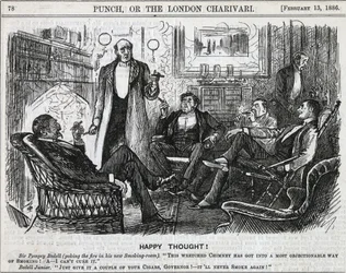Az urak összegyűltek a dohányzóban, és elszívták a vacsora utáni szivarokat. George du Maurier rajzfilm a "Punch"-ból, London, 1886.