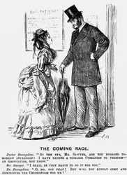 A Coming Race. A jövő sebésze. George du Maurier rajzfilm a Punch Londonból 1872. szeptember 14-én, amely bemutatja azt a pártfogó hozzáállást, amelyet az orvosi szakmában dolgozó nők elvárhatnak férfi kollégáiktól. Metszés.