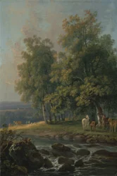Lovak és szarvasmarhák a folyó mellett, 1777