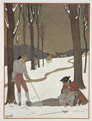 A párbaj Valmont és Danceny között, Pierre Chodlerlos de Laclos (1741-1803) „Les Liaisons Dangereuses” című művéből, az 1920-as években megjelent illusztrációja (pochoir print)
