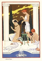 Egy rabszolganő illatos olajat önt úrnője hajára, ókori Róma, 1928