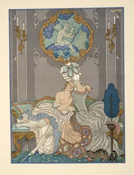 Hálószobajelenet Pierre Choderlos de Laclos (1741-1803) kocsma „Les Liaisons Dangereuses” című művéből. 1934 (sablonnyomat)