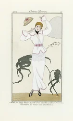 Tervezés fehér ruhához rózsaszín díszítéssel és horgolt övvel, a Costumes Parisientől, 1912. évi pub. (pochoir print)