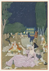A gyepen, Paul Verlaine (1844-96) „Fetes Galantes” című illusztrációja, 1923 (pochoir print)