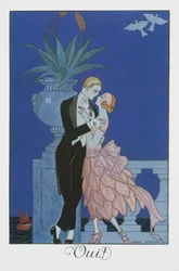 Igen, két fiatal vőlegény estélyi ruhában, George Barbier (1882-1932) litográfiája, Falbalas et Fanfreluches, Almanach des Modes Presentes, Passees et Futures