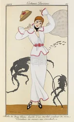 Fehér posztóból készült ruha rózsaszín szegéllyel. Horgolt rózsákból készült öv. Costumes Parisiens 21. sz. Nő fehér posztóból készült, rózsaszín szegélyű ruhát és rózsaszín övet visel. Fekete magas sarkú cipőt és fekete nyakláncot is visel.