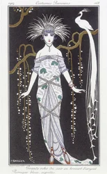 Ezüstbrokát estélyi ruha és paróka - Illusztráció: George Barbier (1882-1932). in "" Journal des dames et des mode: Costumes Parisiens""