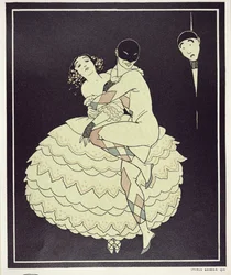 Tamara Karsavina (1885-1978) Columbineként és Vaslav Nijinsky (1890-1950) Harlekinként Fokine „Karneváljában” 1910-ben, kocsma. 1914 (pochoir print)