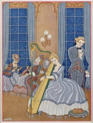Valmont elcsábítja áldozatát, Pierre Chodlerlos de Laclos (1741-1803) „Les Liaisons Dangereuses” illusztrációja, 1929 (stencilnyomat)