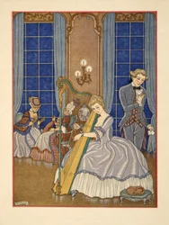 Valmont elcsábítja áldozatát, illusztrációja Pierre Chodlerlos de Laclos (1741-1803) kocsma „Les Liaisons Dangereuses” című művéből. 1934 (sablonnyomat)