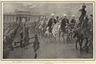 A temetési menet a Hyde Park Cornernél, a királyi gyászolók belépnek a parkba
