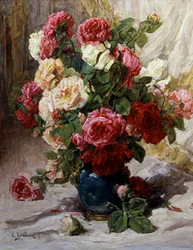 Rózsák csendélete vázában. Georges Jeannin (1841-1925 francia) festménye Magángyűjtemény