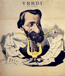 Giuseppe Verdi (1813-1901) zeneszerző karikatúrája Pilotelltől (1845-1918), 1869. március. Conservatoire National de Musique, Párizs