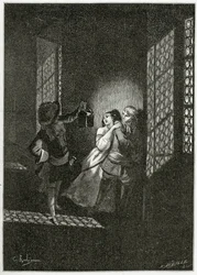 A szerelmeseket, Ethelt és Ordenert elkapja d’Alpheld hadnagy - illusztráció a Han d’Islande-ből, 19th Century (bw metszet)