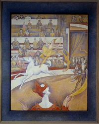 Az Une cirkusz lovat, bohócot és akrobatákat mutat be. Georges Seurat (1859-1891) festménye 1891 V. 1,85x1,52 m Párizs, Muse d