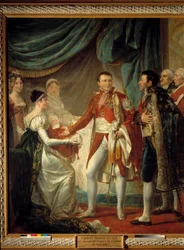 I. Napóleon császár 1811.03.20-án bemutatja fiát, Róma királyát a Birodalom előkelőinek Georges Rouget (1784-1869) Iimpress Marie Louise festményének jelenlétében, 1812 Sun. 2,60 x 2,20 m - Róma királyának bemutatása - Napóleon