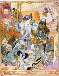 Középső panel egy triptichon-illusztrációval Marcel Schwob „La Porte des Reves” című könyvéből