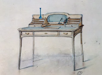 Rajz egy szecessziós női íróasztalhoz a Bing Atelier számára (szecessziós műhely), 1900 körül (akvarell és ceruza)