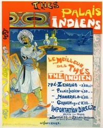 Egy párizsi, franciaországi teabolt számára készült „Teák az indiai palotákból” plakát reprodukciója, 1890 körül (színes litó)